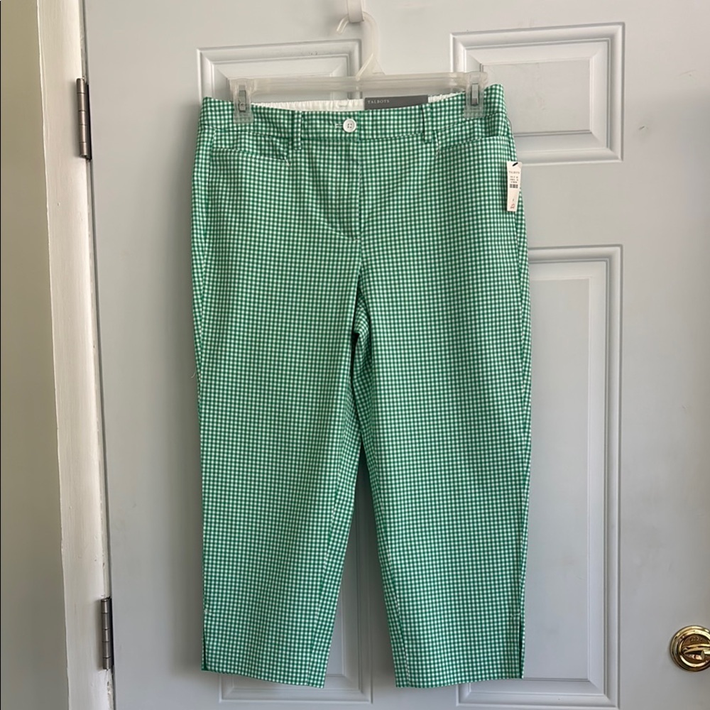NWT Talbots Green/White Checkered Cropped Pants, Size 8